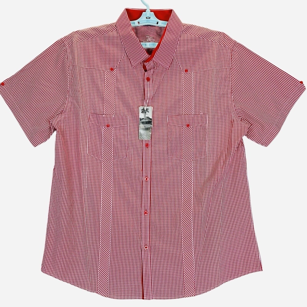Bohio Men's Shirt Size 1X Short Sleeve Button Up Red/White Gingham Pattern NWT